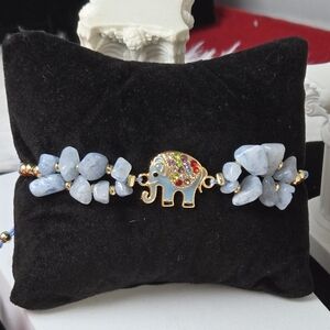 Aquamarine Crystal Beaded Elephant Bracelet Adjustable String Gold Enamel Charm
